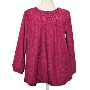 NWT J Crew Women's Swiss Dot Top SZ Medium Magenta Peasant Sleeve Blouse Casual